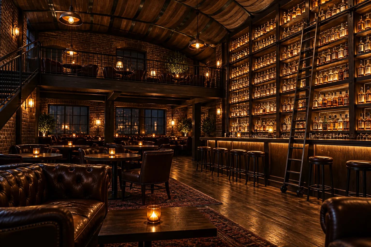 Wide interior photograph showing a floor-to-ceiling bottle display, rolling ladder, barrel-stave ceiling, brick walls and rows of seating in a dimly lit saloon.