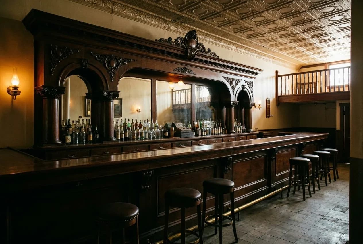 An ornate carved wooden bar back in an old saloon interior