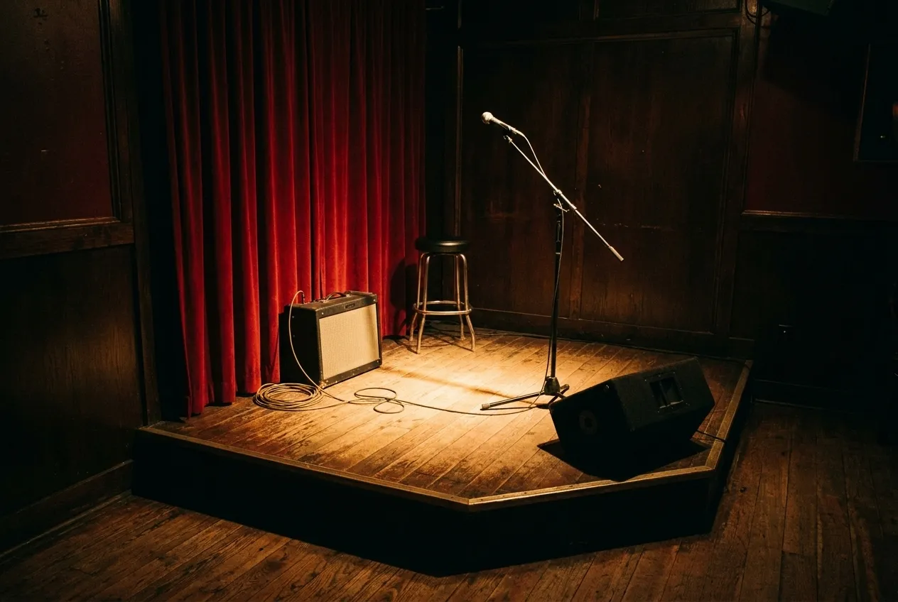 A small stage with a microphone stand and an amplifier