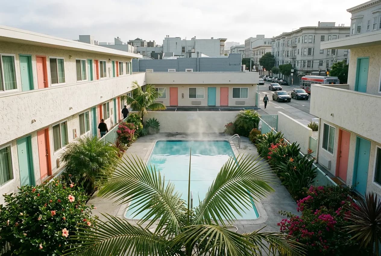 Heated outdoor pool in a midcentury motor court courtyard with tropical plantings under San Francisco daylight