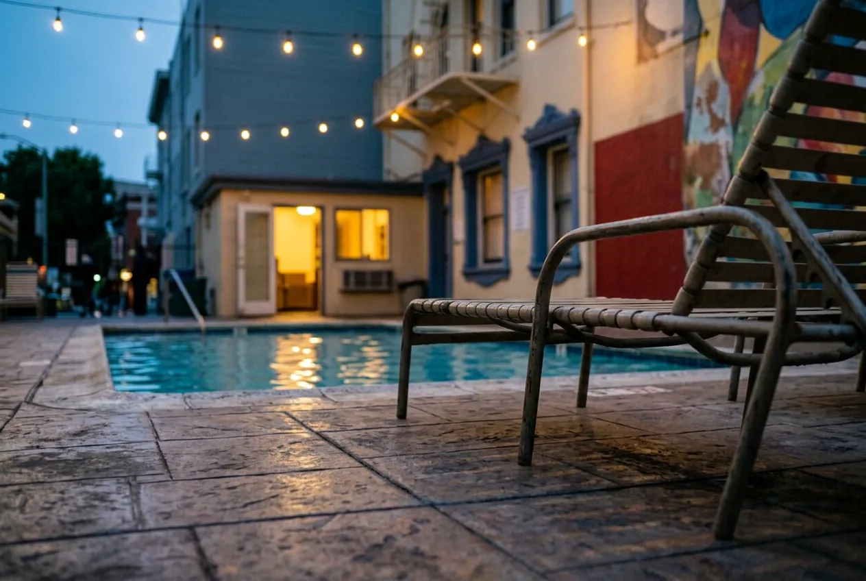 Close view of poolside tile and a lounge chair lit by warm evening light near the water's edge