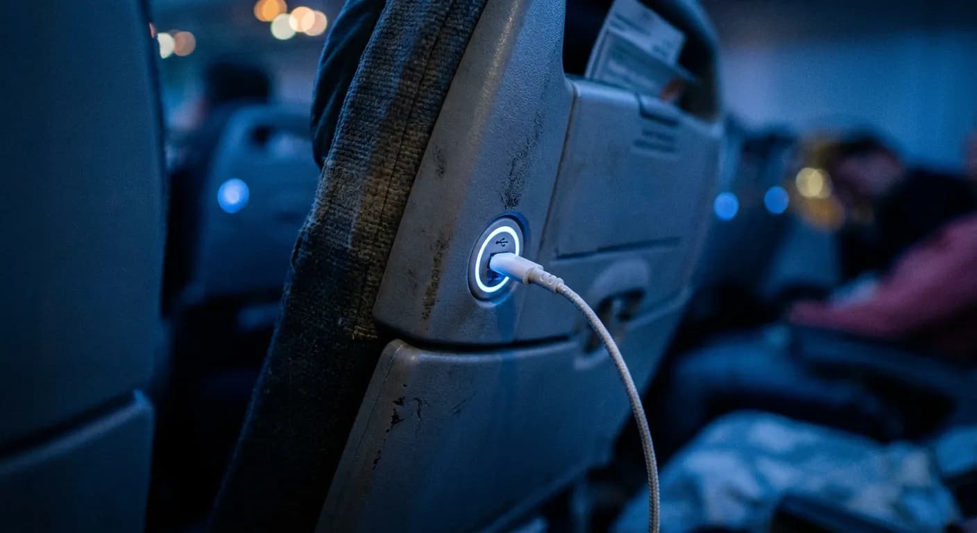Airplane seatback with USB port glowing and a charging cable plugged in during a night flight