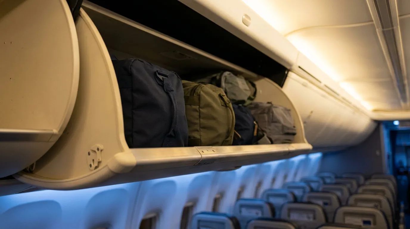 Open overhead bin with luggage in an airplane cabin during boarding