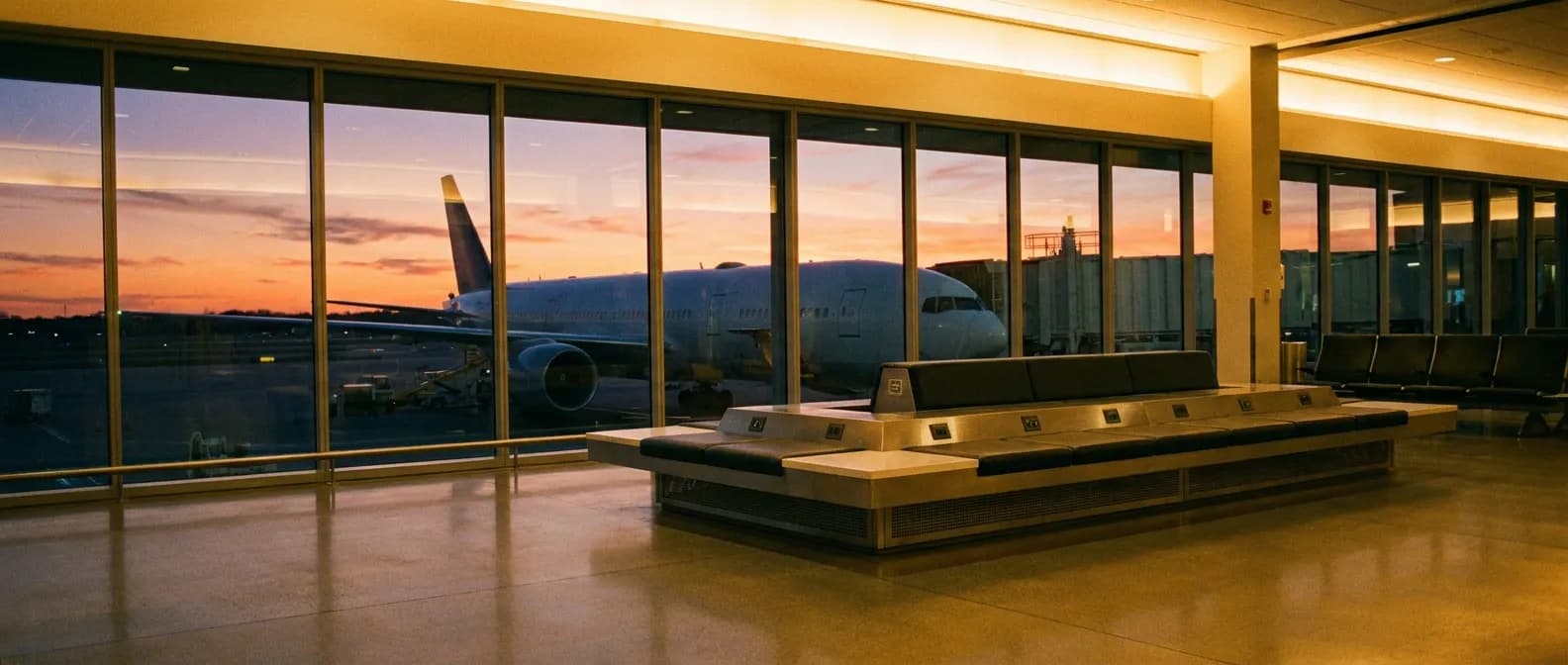 Charging station with seats at an airport gate at dusk with a plane visible through the window