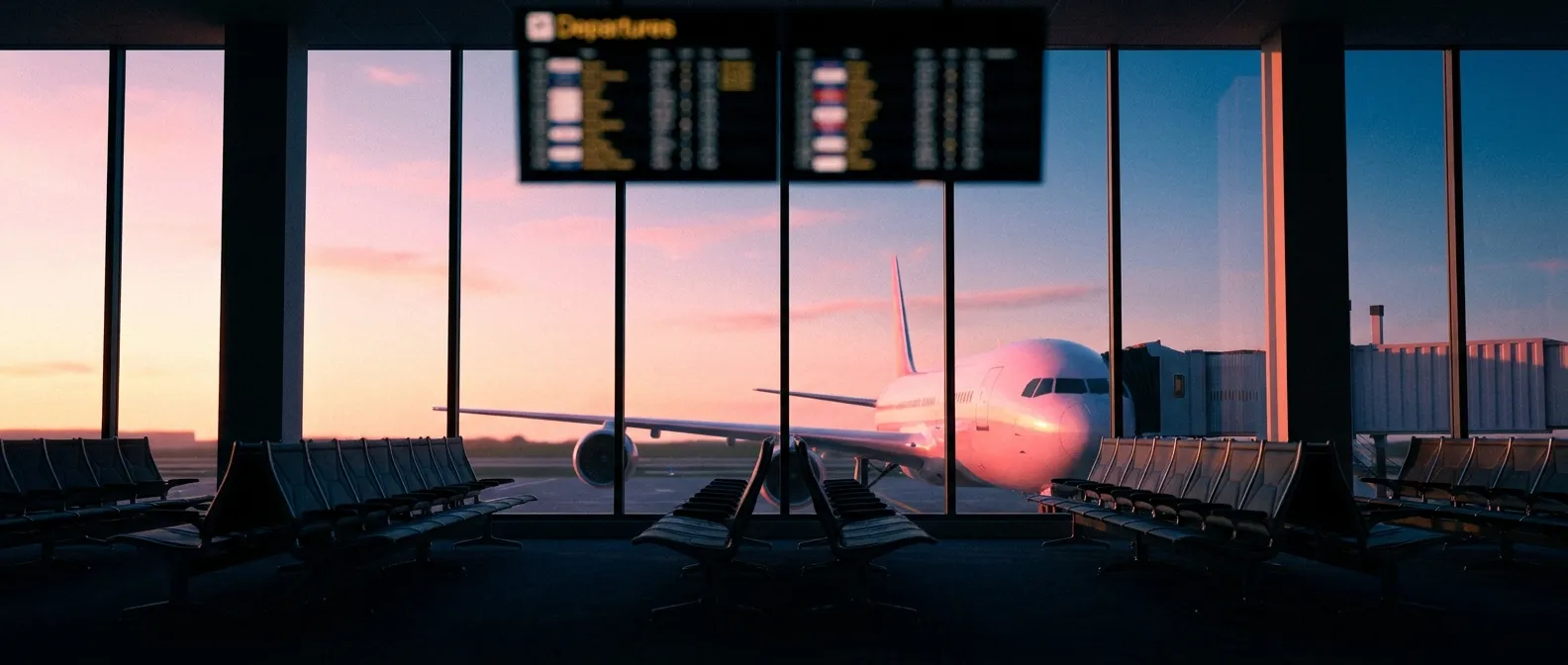 International departures board silhouettes and a widebody plane at an SFO gate at dawn