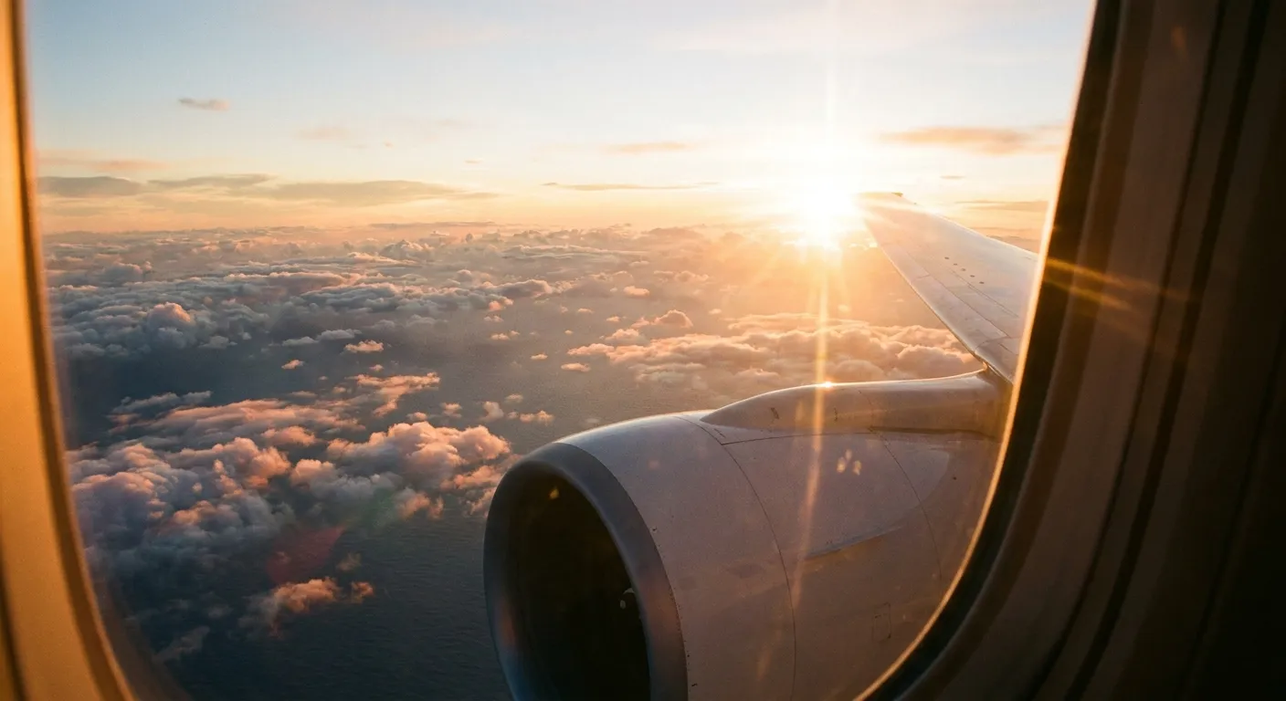 A widebody airplane wing over the Pacific Ocean with clouds at golden hour