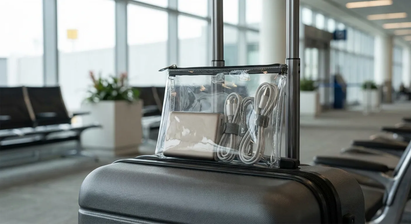 A clear travel pouch with power bank and cables on a suitcase at an international gate