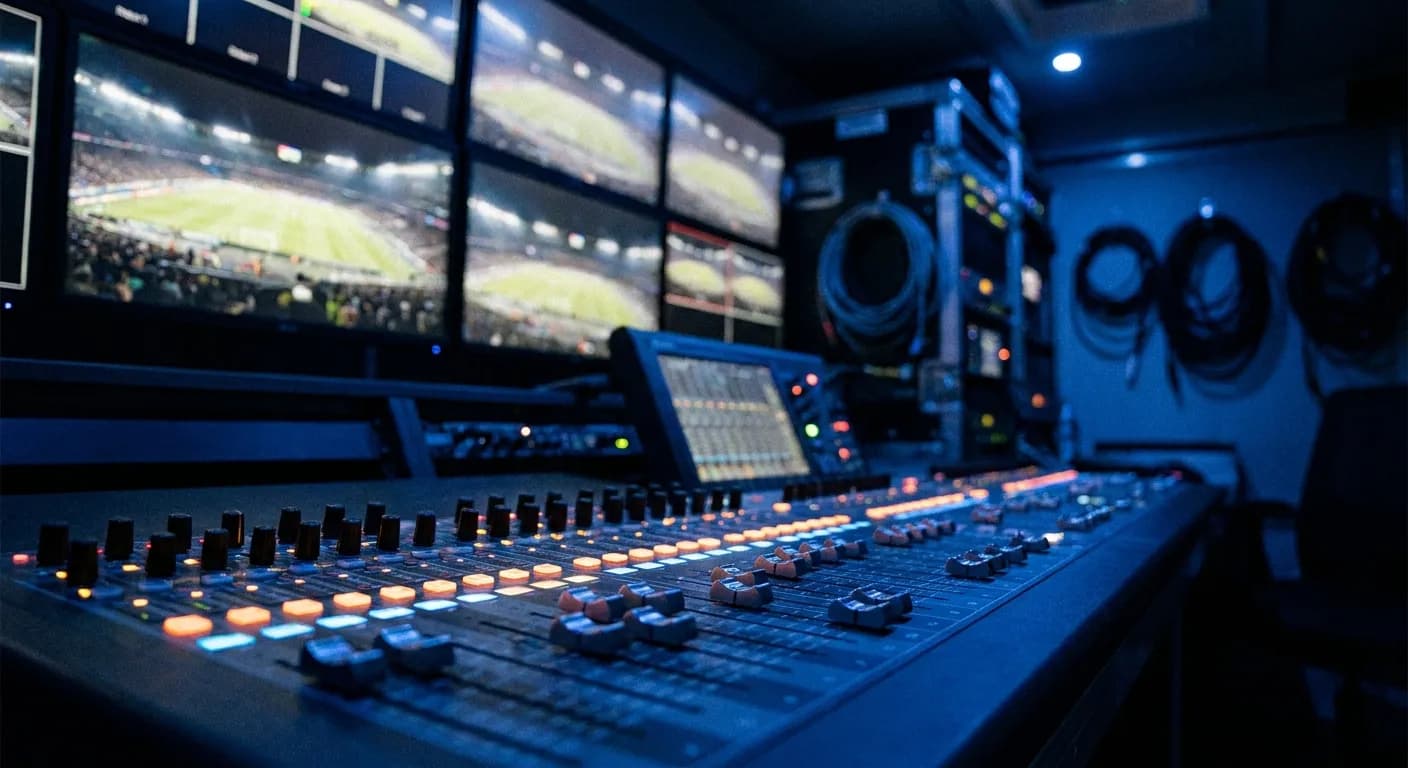 Mixing console faders glowing in a broadcast truck with screens showing a stadium wide shot