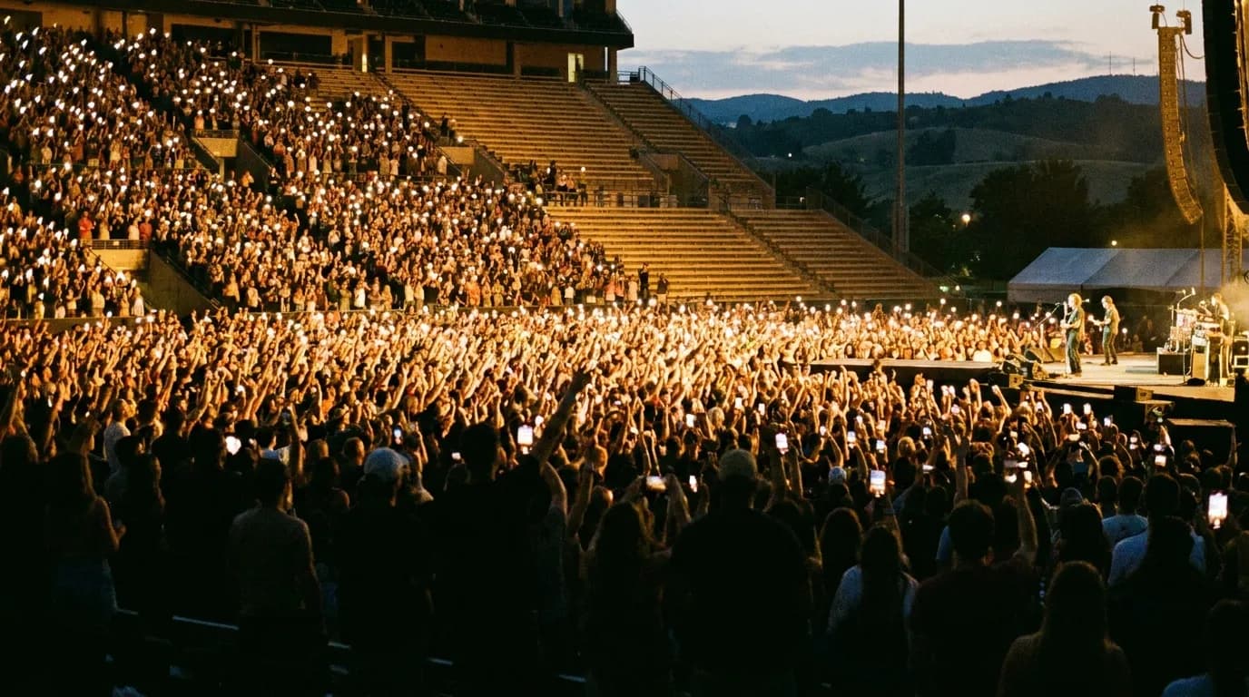 Stadium crowd silhouettes with phone lights glowing during an evening show