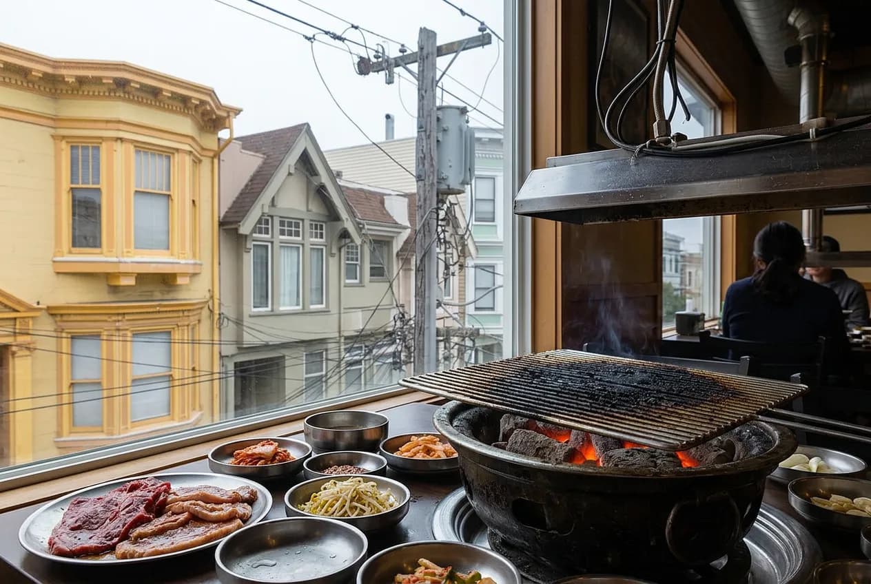 Close-up of charcoal-grilled Korean barbecue meat and banchan bowls on a metal tabletop grill.