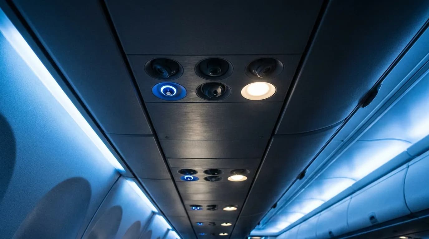 A flight attendant call panel and overhead cabin lights in a dim airplane aisle