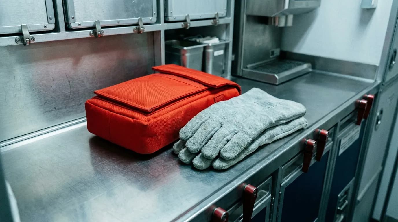 Red fire containment pouch and thick protective gloves laid out on a galley counter