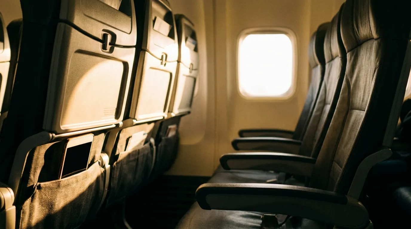 Passenger seat pocket with a phone visible and sunlight across an airplane cabin