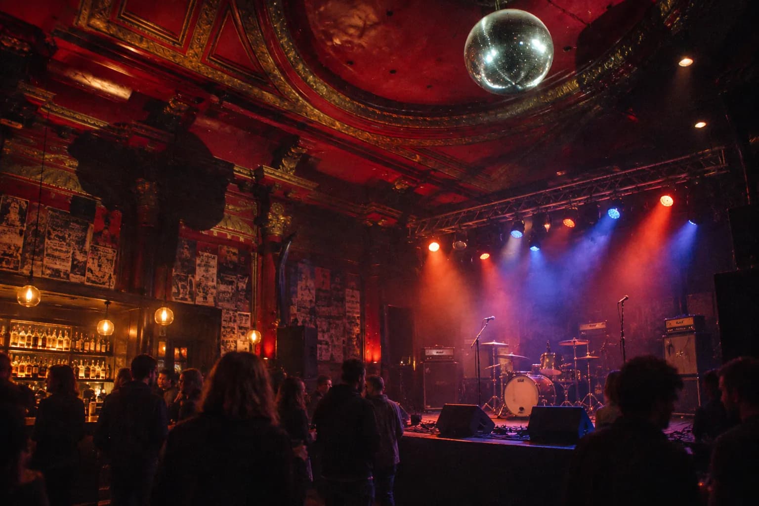 A small club stage under coloured lights with amplifiers set up and a low barrier in front