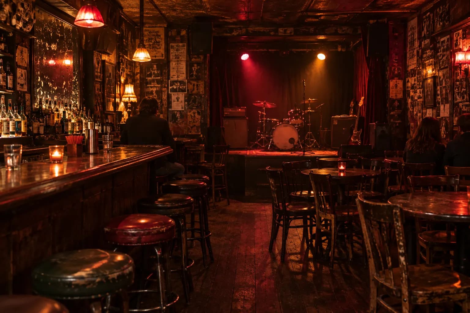 A tiny stage at the front of a dark old bar, instruments set up and stools crowded close