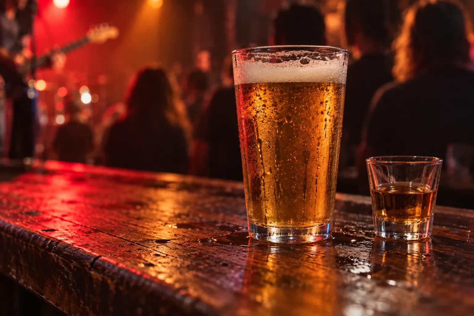 A glass of beer on a worn wooden bar, stage light bleeding red across the counter