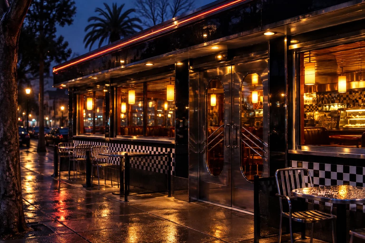 A compact restaurant frontage on Jones Street after dark, warmly lit windows set against a darker street, with pavement reflections, neighbouring facades and a subdued urban night palette.