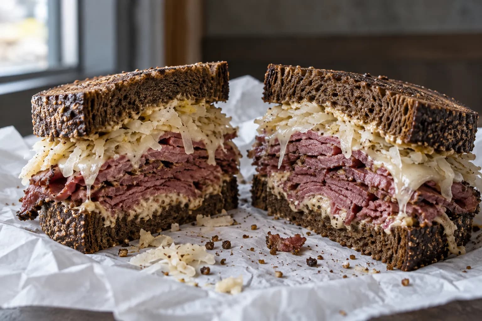 A thick corned beef sandwich on rye cut in half and sitting open on its paper wrapping