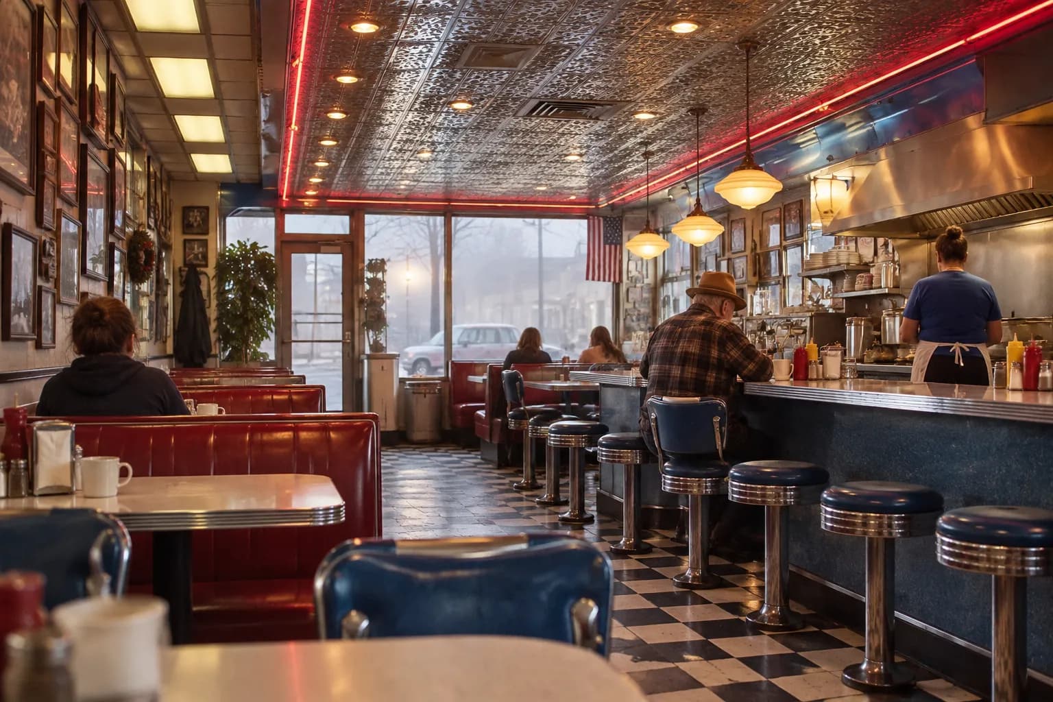 Booths and a counter in a small neighbourhood diner, daylight coming through the front window