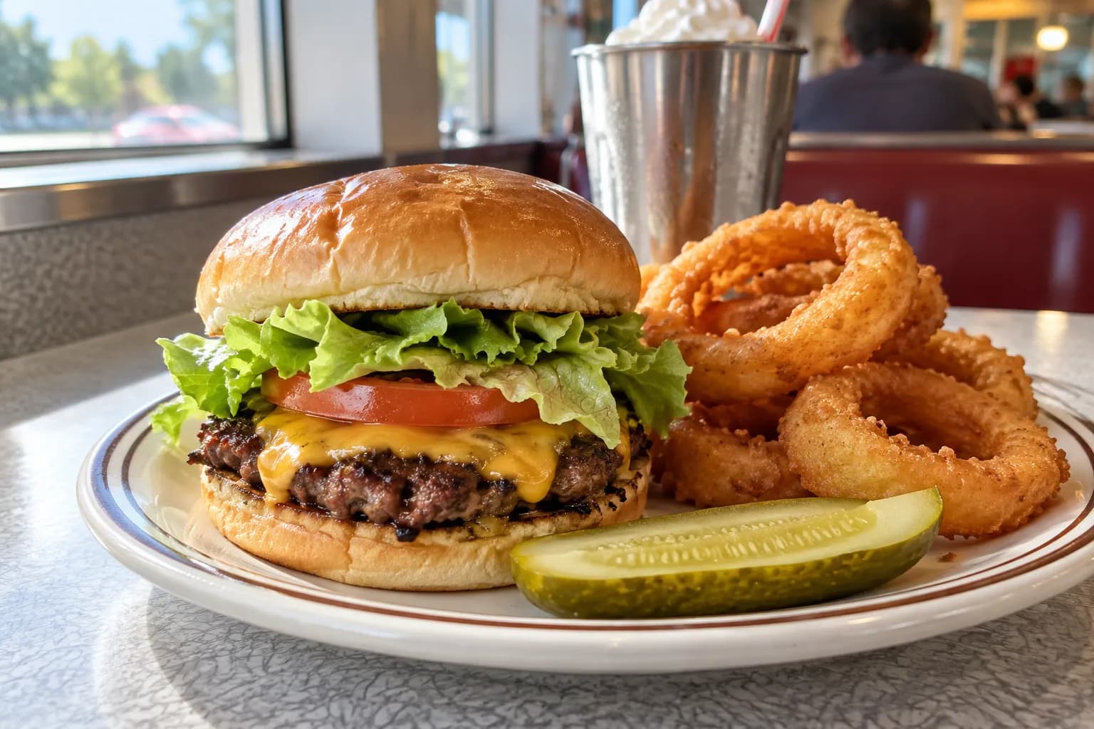 A griddled cheeseburger with onion rings and a thick shake on a diner plate