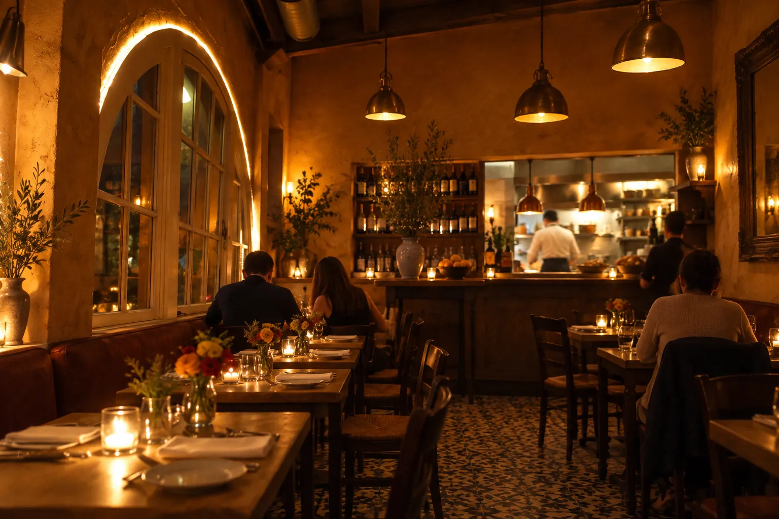 A small warm dining room with patterned tiles and closely set tables