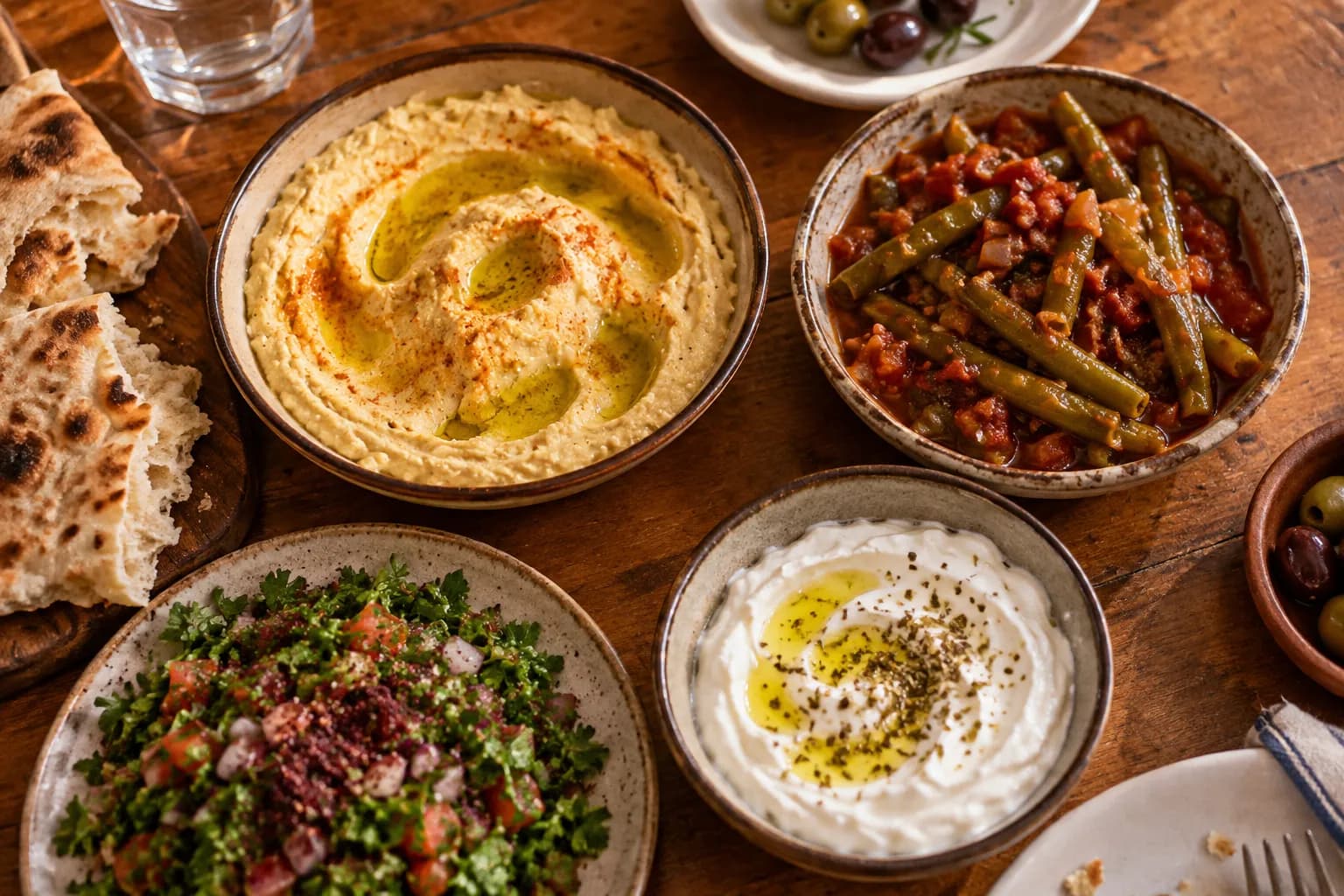 A spread of mezze dishes with bread, dips glossed with olive oil, and herbs