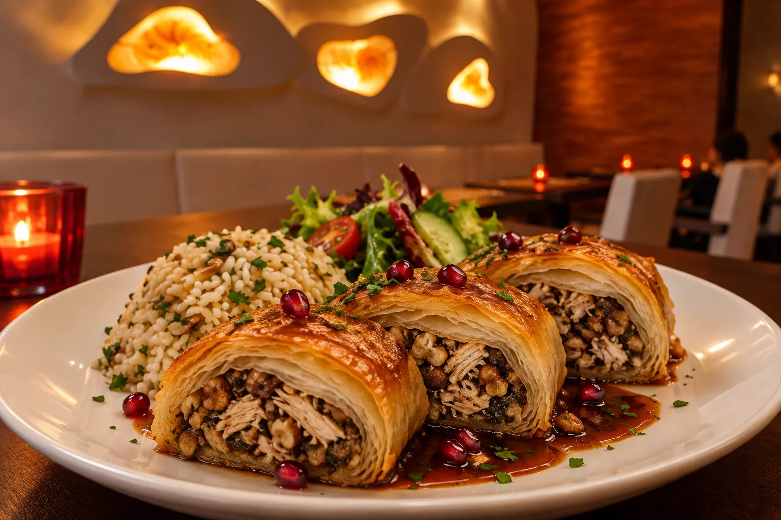 Sliced golden filo rolls on a plate with rice, salad and a dark sauce