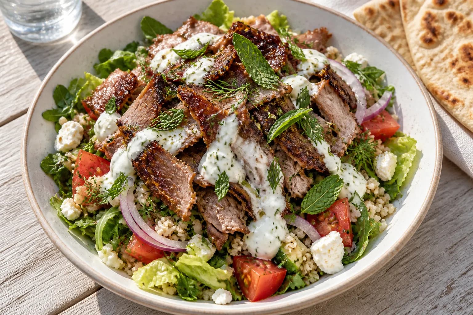 A bowl of shaved spit-roasted lamb over greens with yoghurt dressing and herbs