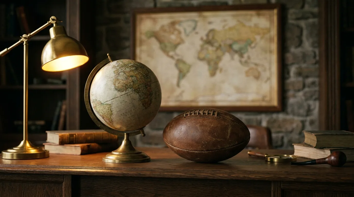 A globe on a desk beside a football with warm library light and a map on the wall behind