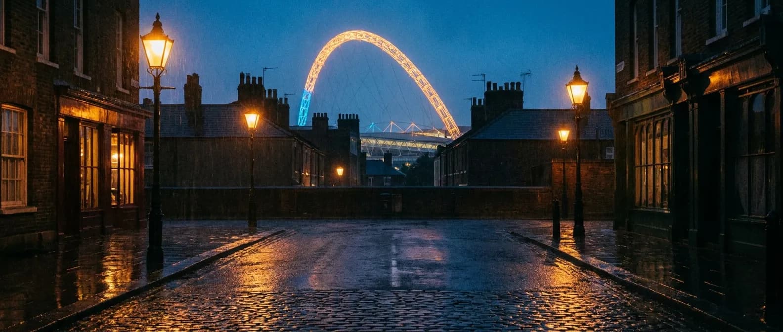 Rain-slicked London street at dusk with a stadium arch glowing in the distance