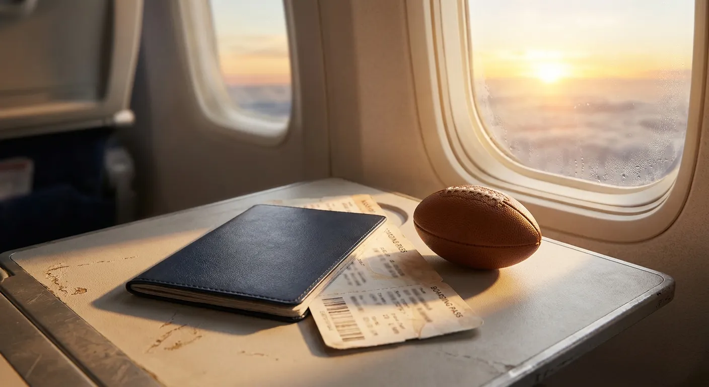 A passport and boarding passes beside a small football on an airplane tray table
