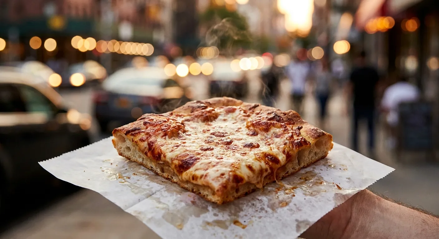 A cheese pizza slice on wax paper held over a street with evening light