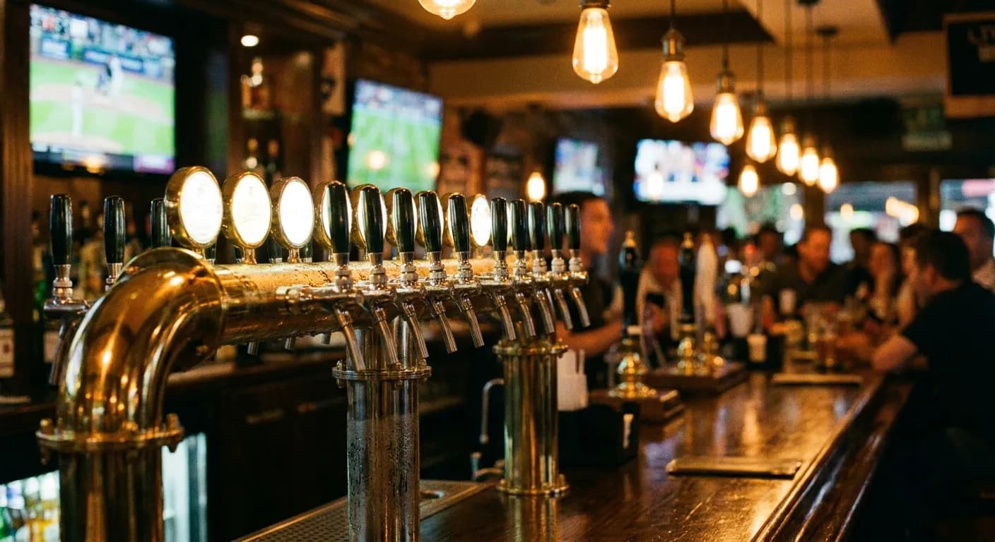 Beer taps gleaming in a warm busy bar with screens glowing in the background