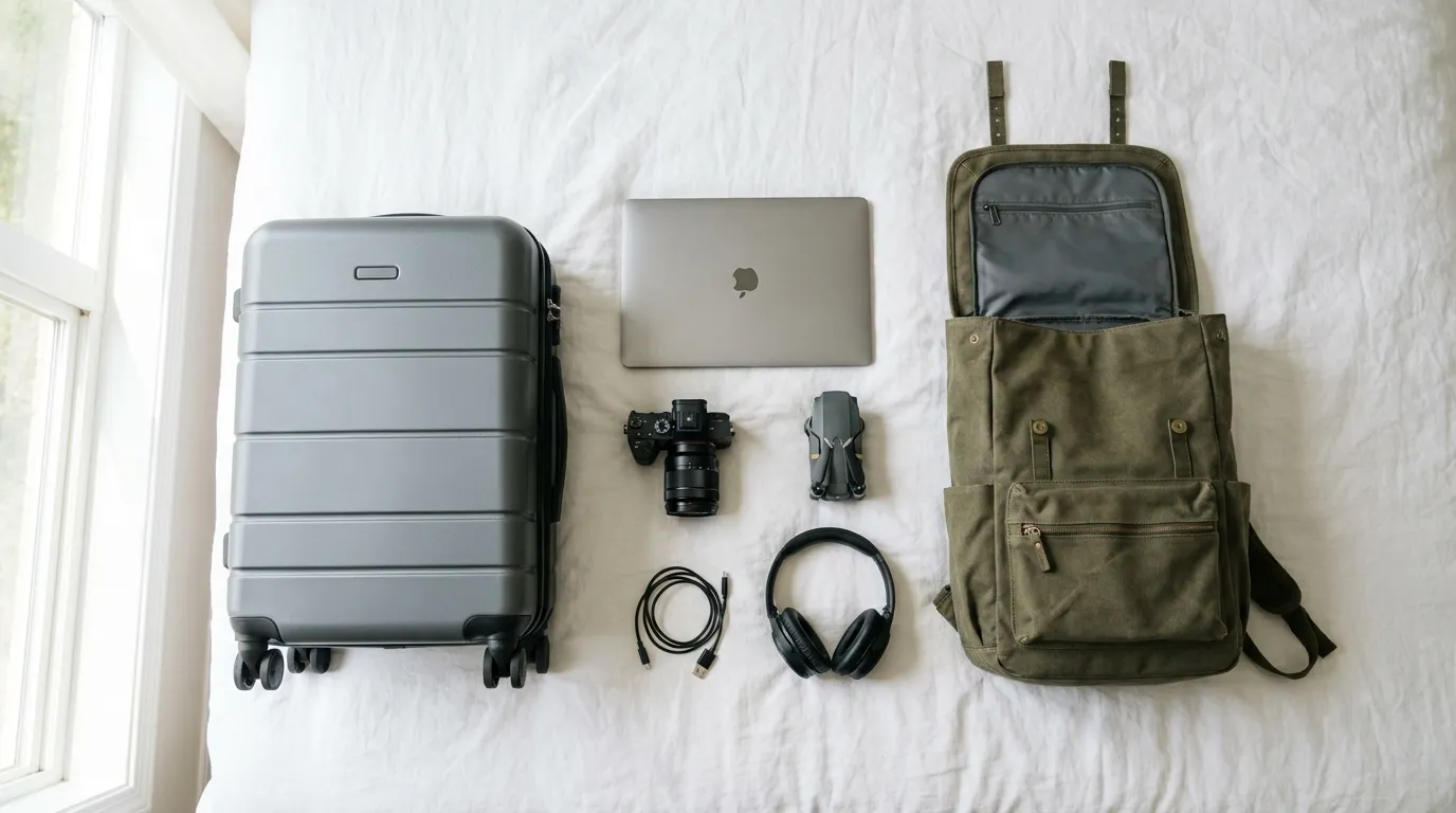 A suitcase and a backpack side by side on a bed with electronics laid out between them