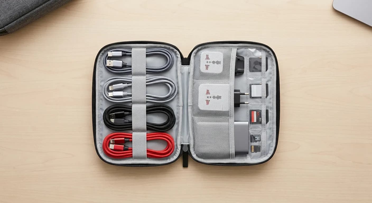Neatly organized tech pouch with cables, adapters and small gadgets in compartments