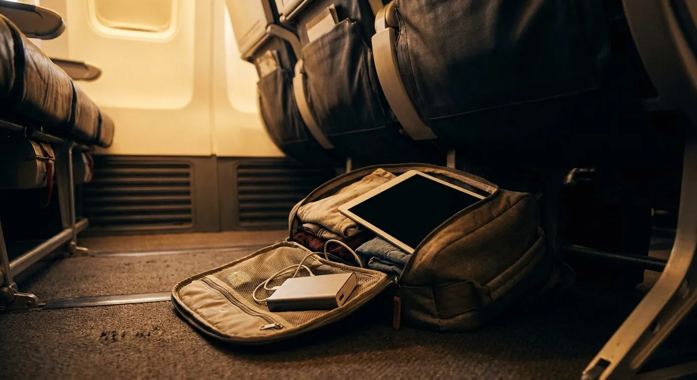 A traveler's under-seat bag open on an airplane floor showing a tablet and power bank within reach