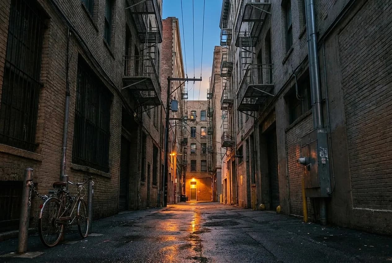 A narrow service alley between tall buildings in San Francisco's SoMa district with a lit doorway