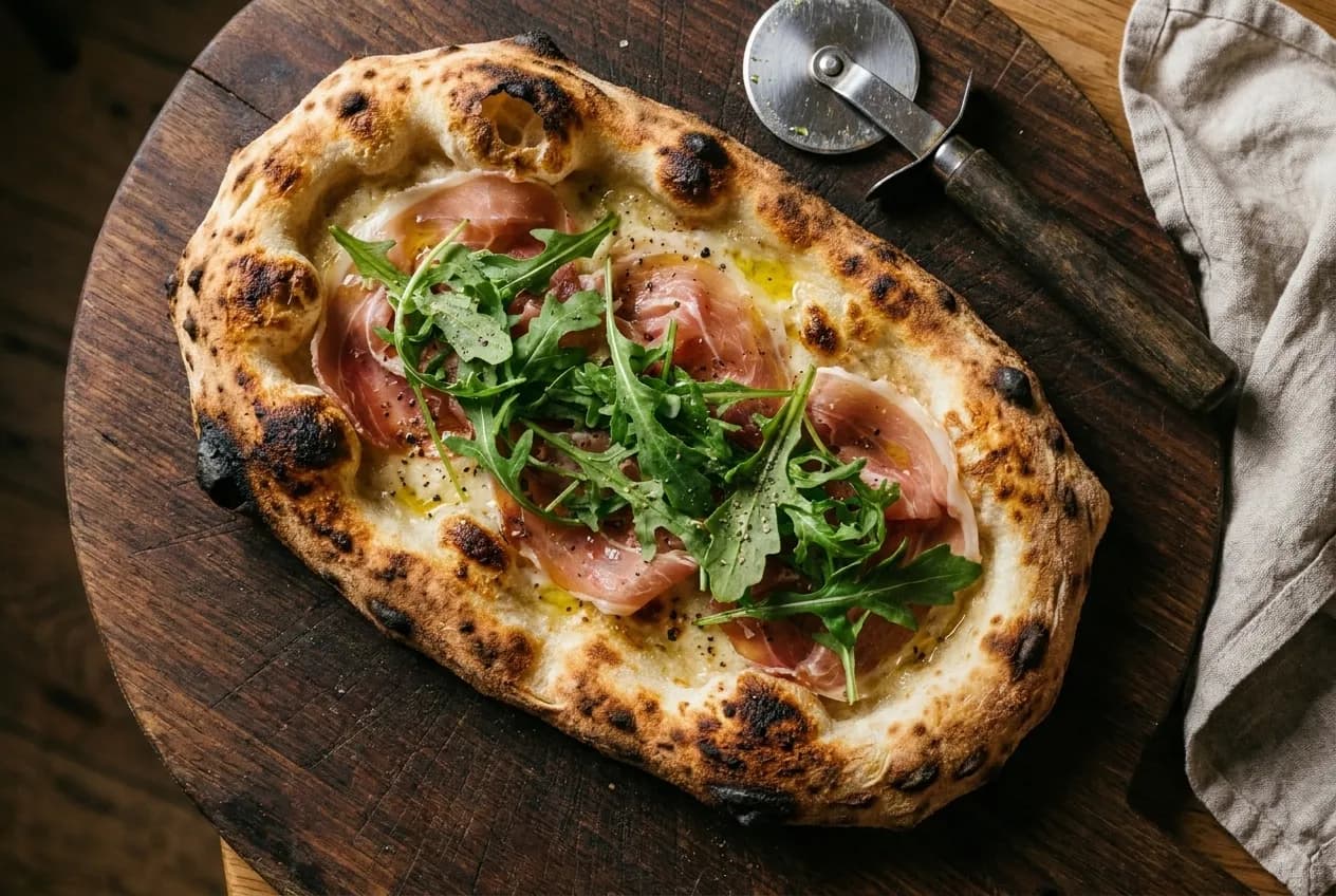 An oval pinsa base with a charred blistered crust topped with cured meat and rocket