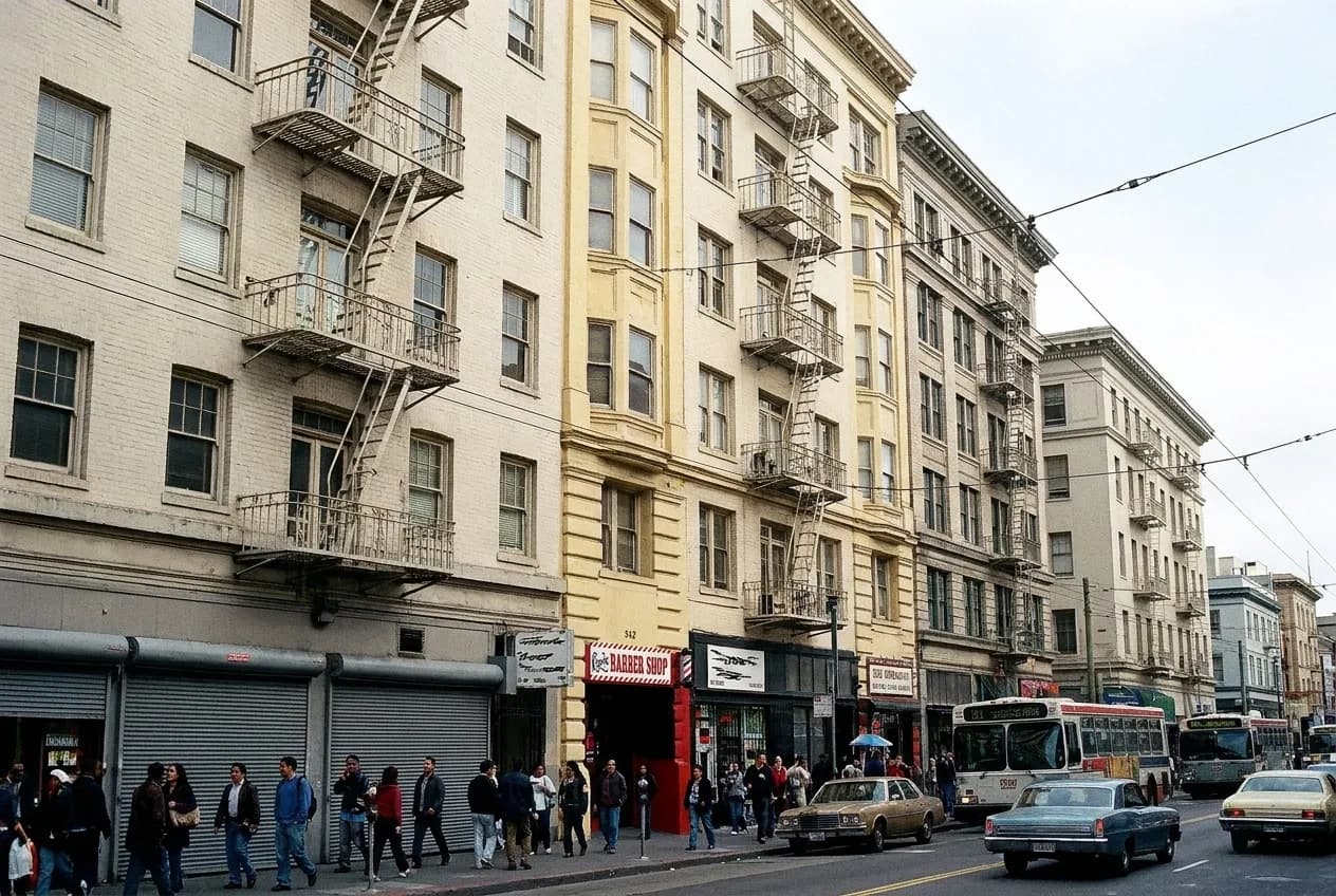 A dense Tenderloin street in San Francisco with ground-floor shops and apartment buildings above