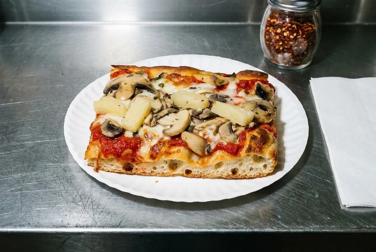 A thick square slice of pizza with red sauce and browned cheese on a paper plate