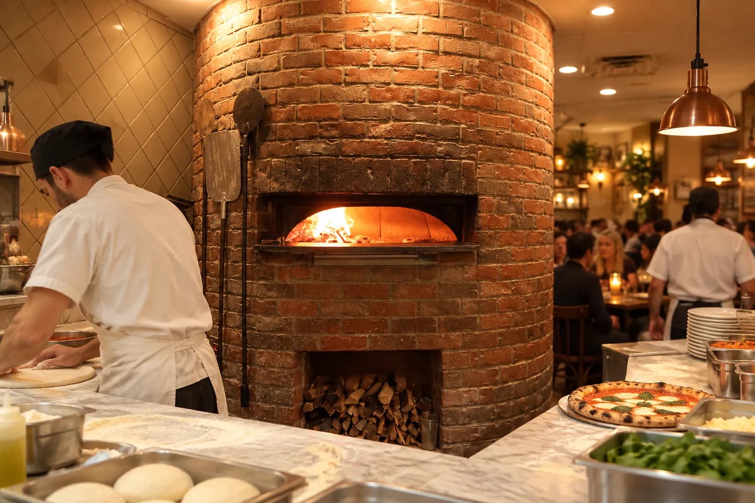 A tiled wood-fired dome oven glowing behind a marble prep counter in a busy corner pizzeria