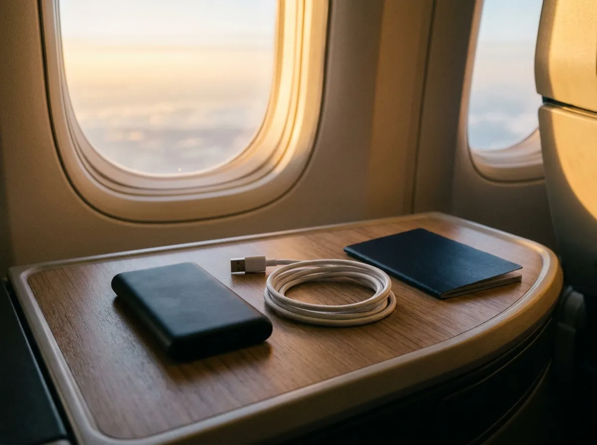 A power bank, coiled cable and passport arranged on an airplane tray table in soft cabin light