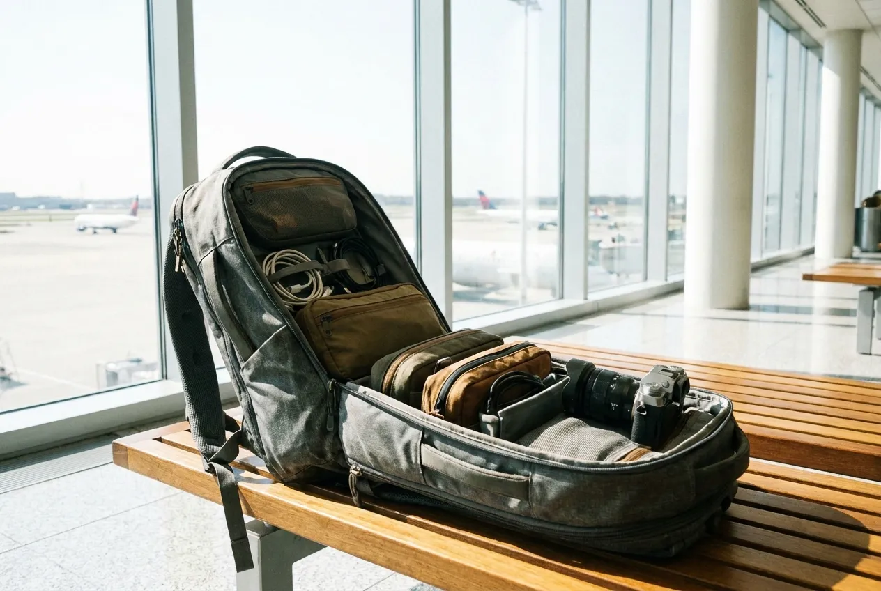 Open backpack with organized electronics pouches and cables on an airport bench