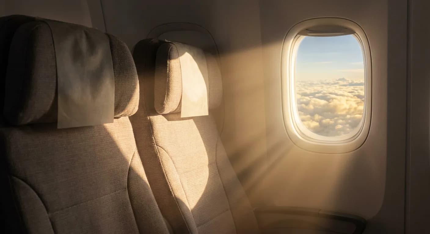 Airplane cabin window view at cruising altitude with warm sunlight across an empty seat row