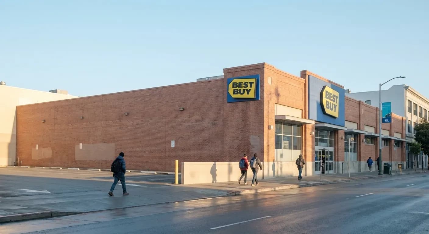 Best Buy storefront on Harrison Street in San Francisco's SoMa district, with blue and yellow signage visible against urban streetscape