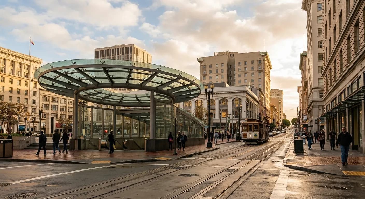 Powell Street BART station entrance in downtown San Francisco with cable car tracks and Union Square district buildings in background