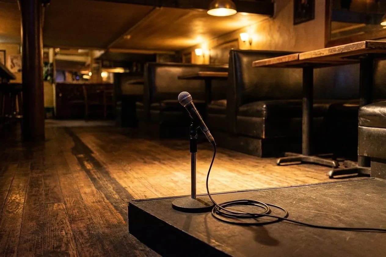 Microphone on stage at The Mint Karaoke Lounge with warm spotlight and bar seating in background