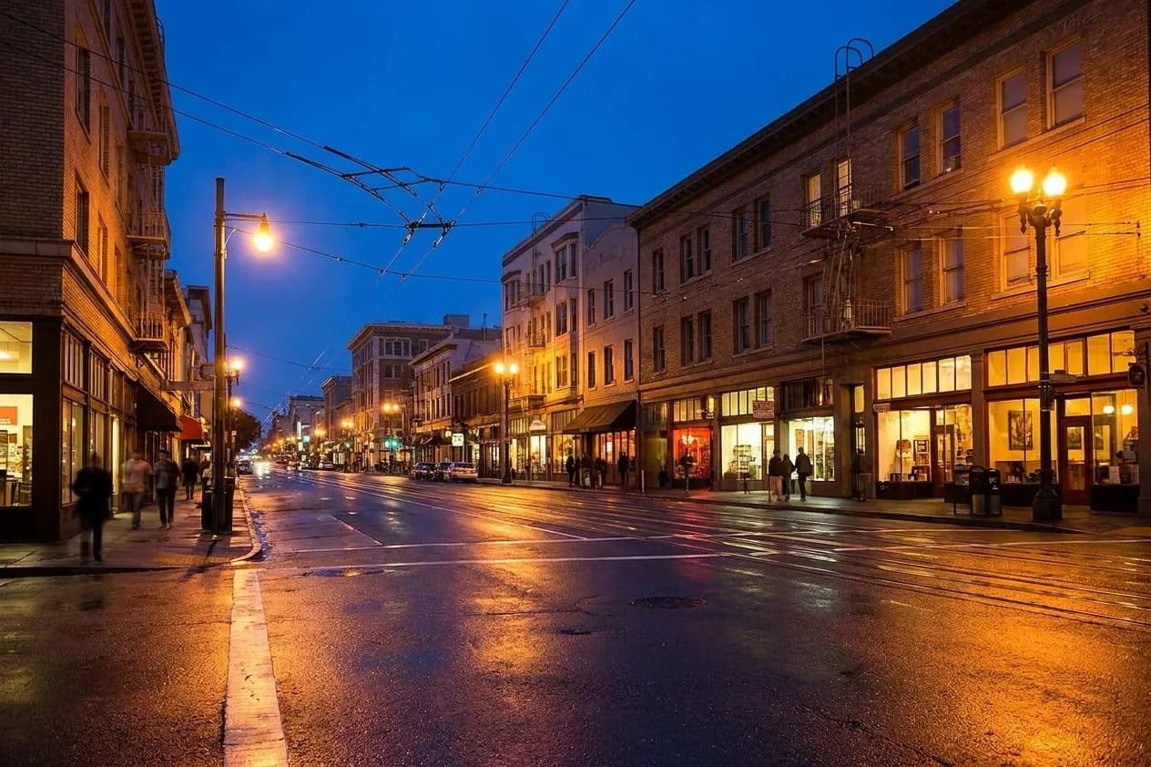 Market Street at night near Duboce Triangle with streetlights and mixed-use buildings