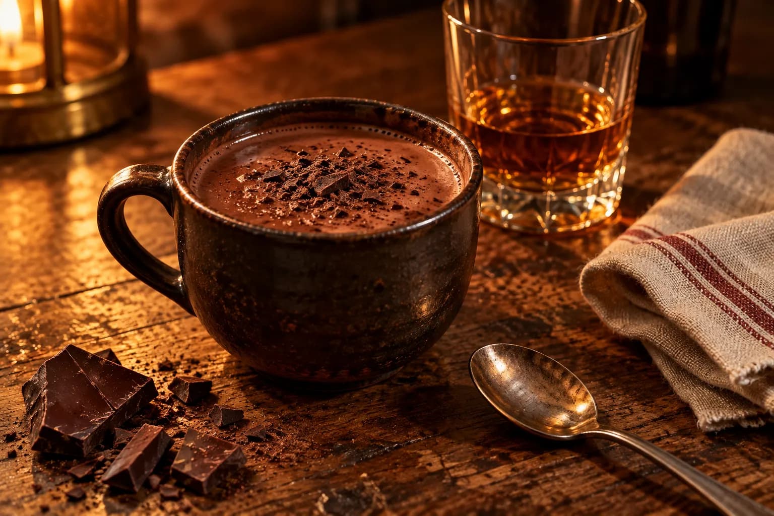 A dark ceramic cup of thick hot chocolate beside a small bourbon glass, a spoon, chocolate pieces and folded linen on a worn wooden table, lit warmly from one side.