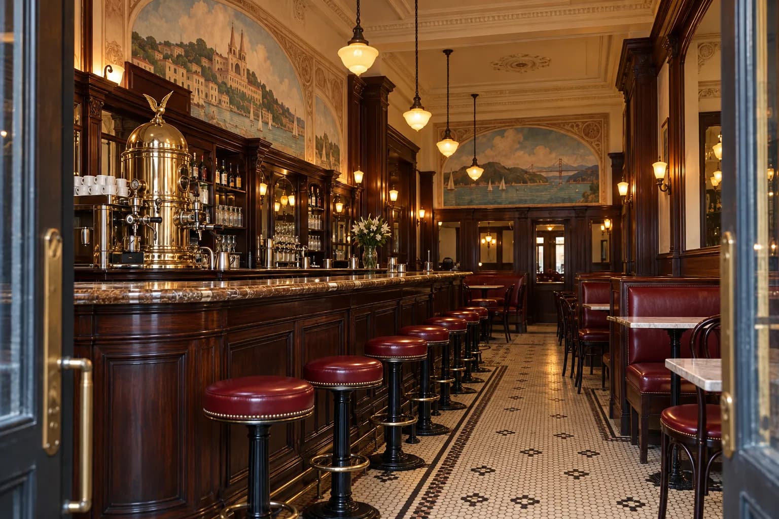 A narrow historic dining room with a long wooden bar, red leather stools, restored wall murals, upholstered booths and a polished vintage espresso machine under warm, low evening light.
